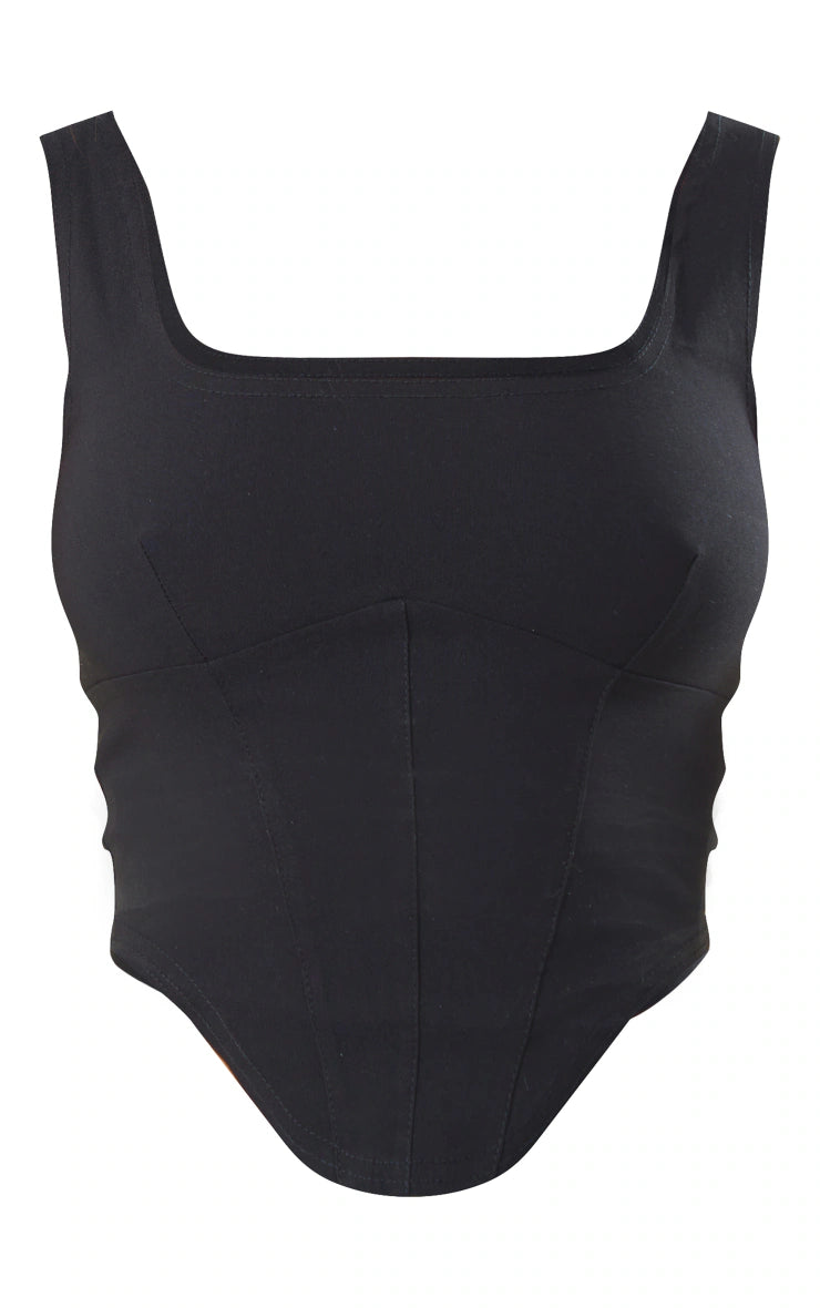 Black Stretch Woven Square Neck Corset Top