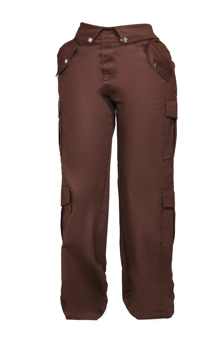 Shape Chocolate Brown Cargo Fold Waistband Pocket Detail Pants