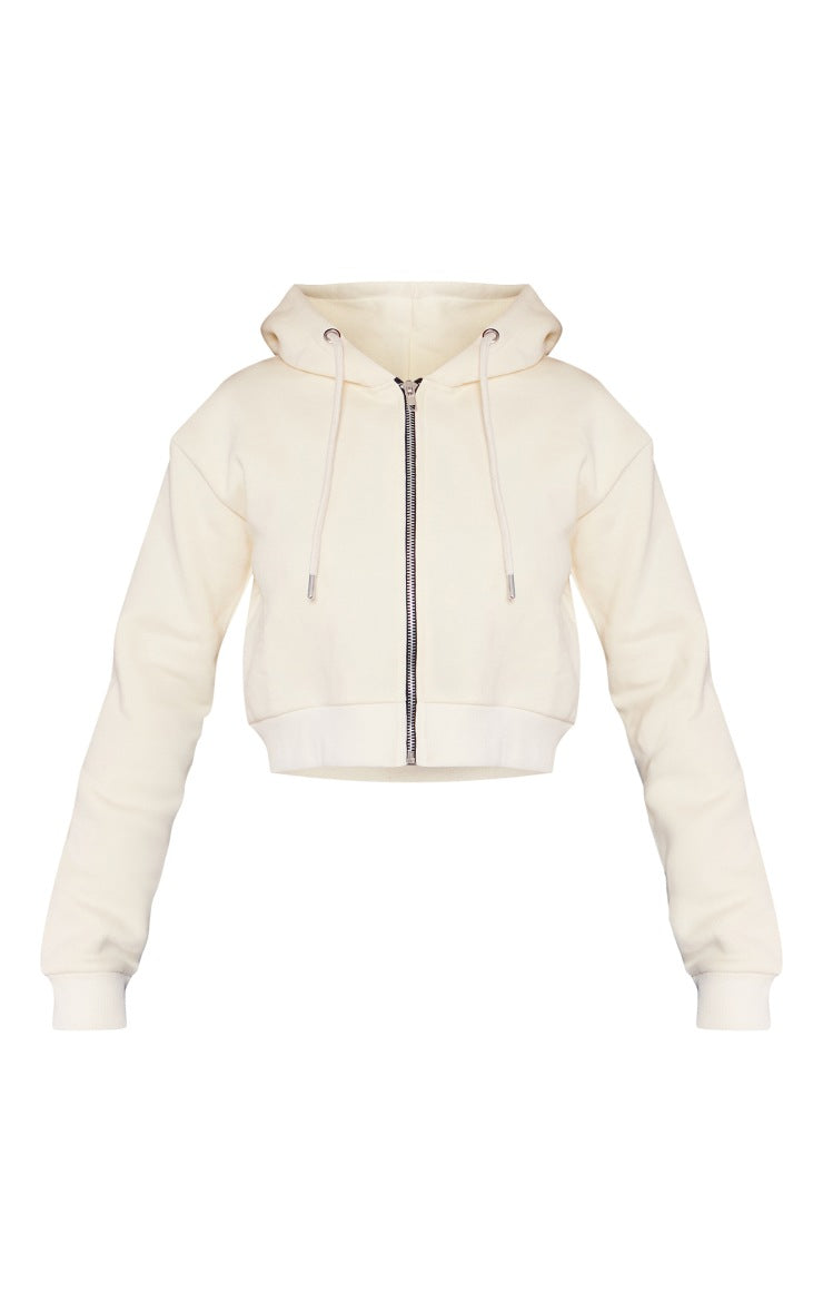 Petite Cream Zip Crop Hoodie