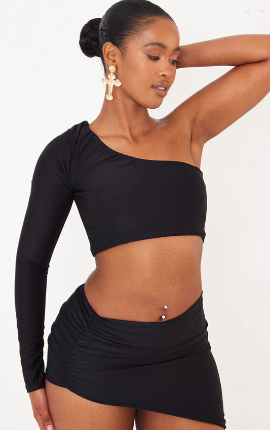 Shape Black Slinky One Sleeve Crop Top