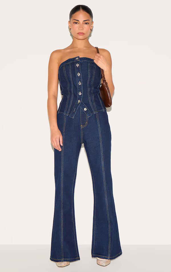 Petite Dark Indigo Contrast Seam Straight Leg Jeans