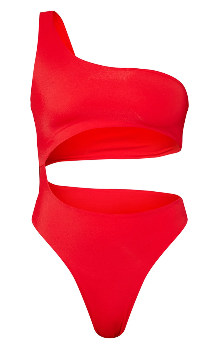 Red One Shoulder Cut Out Swimsuit