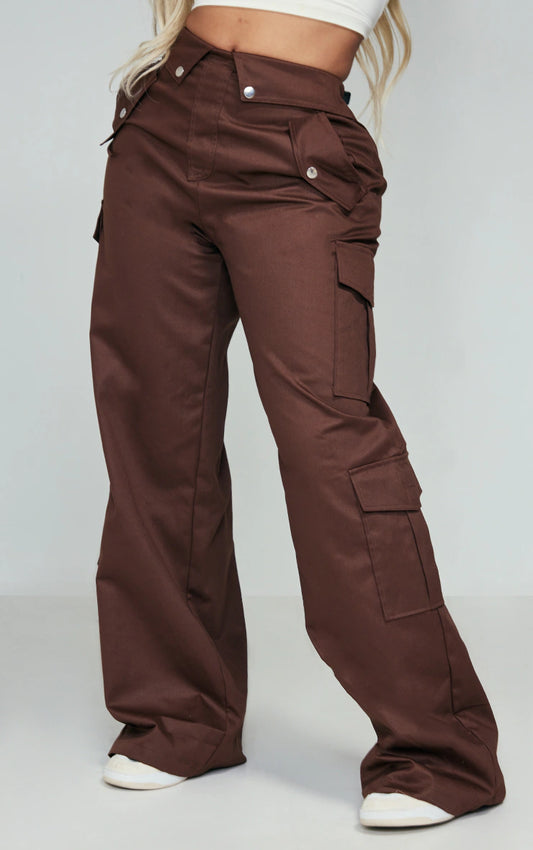 Shape Chocolate Brown Cargo Fold Waistband Pocket Detail Pants