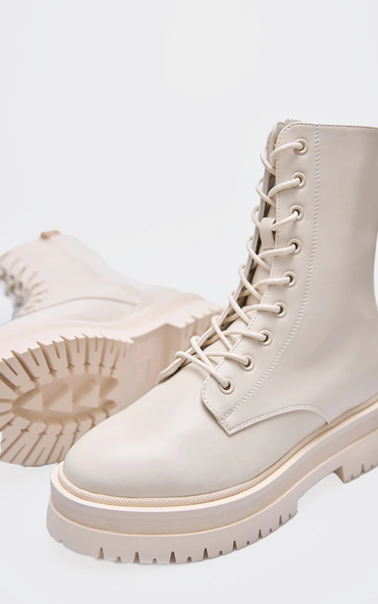 CREAM LACE UP CHUNKY BOOTS