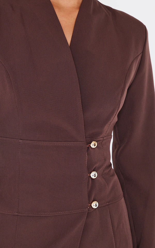 Chocolate Woven Button Detail Blazer Dress