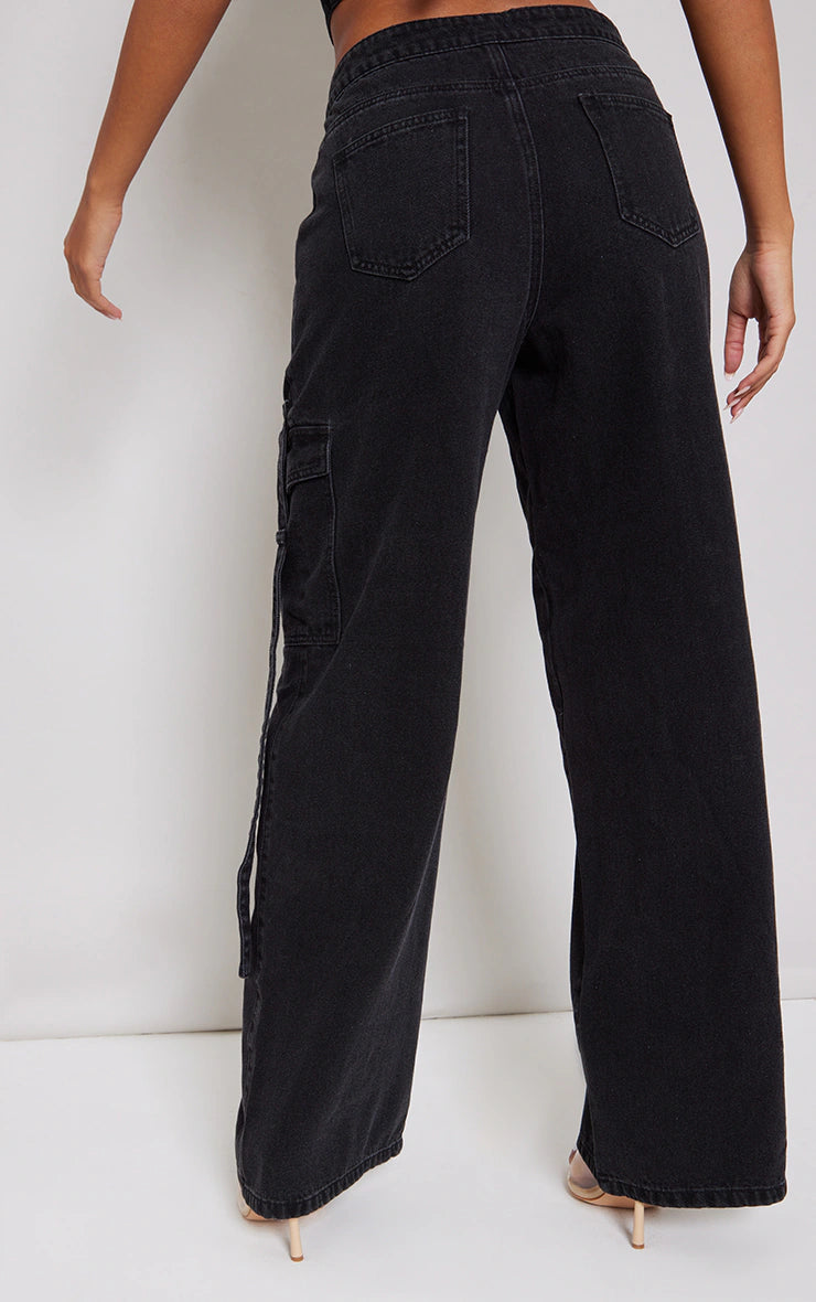 Tall Washed Black Mid Rise Denim Wide Leg Cargo Jeans