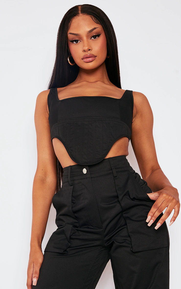 Black Twill Dip Hem Structured Cargo Corset