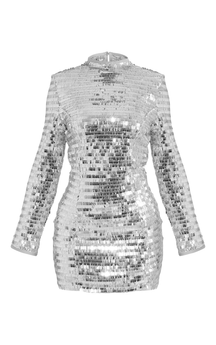 Petite Silver Sequin Shoulder Pad Micro Mini Dress