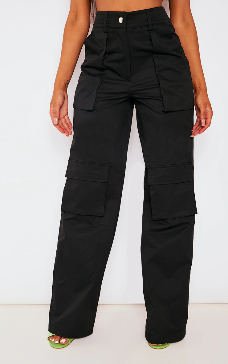 Black Twill Pocket Detail High Waist Cargo Trousers