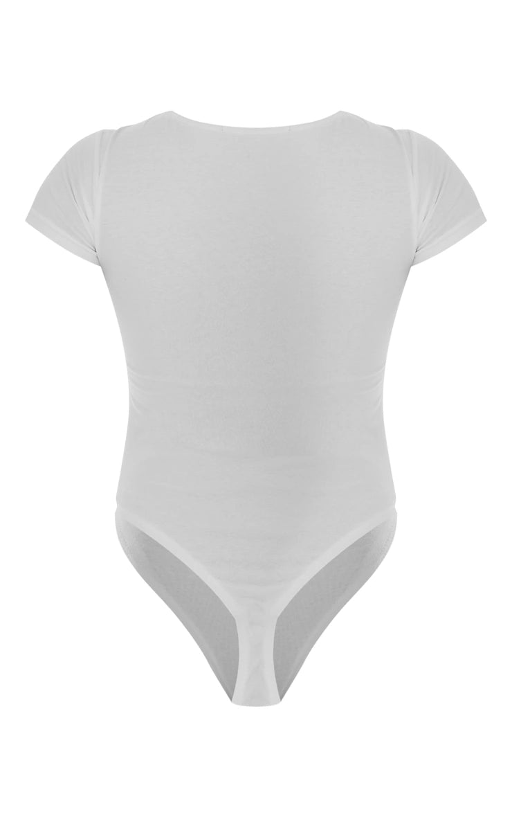 White Basic Cotton Blend Fitted Short Sleeve Bodysuit