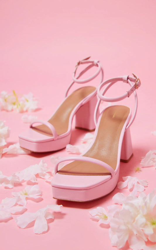 Pink PU Square Toe Tube Barely There Strap Platform Heels