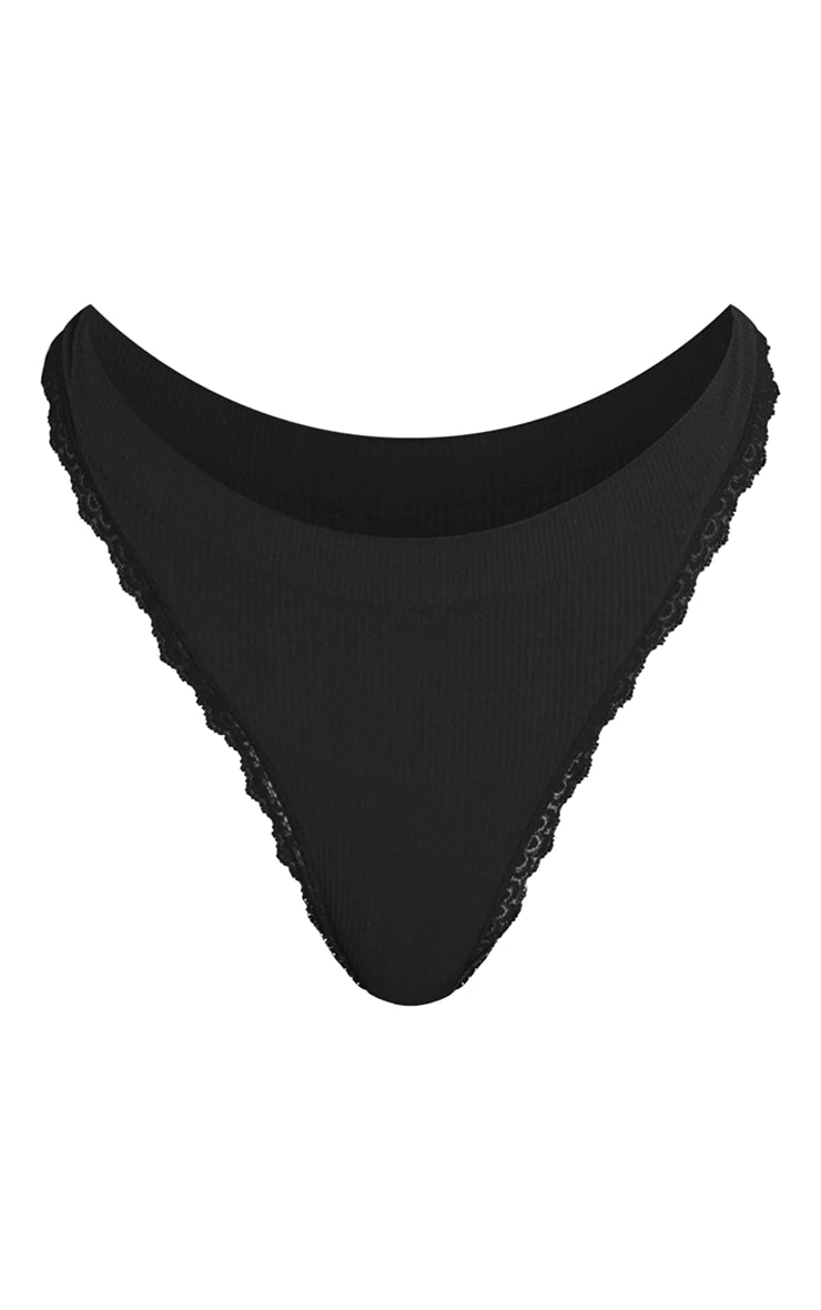 Black Seamless Rib Lace Trim Thong