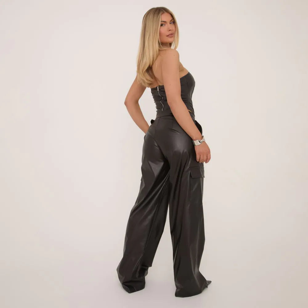Bandeau Boning Detail Corset Top In Black Faux Leather