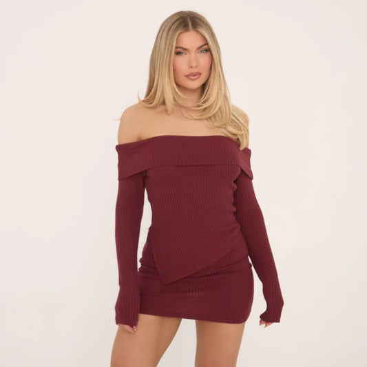 Ego - Fold Over Bardot Asymmetric Hem Top In Burgundy Soft Ribbed