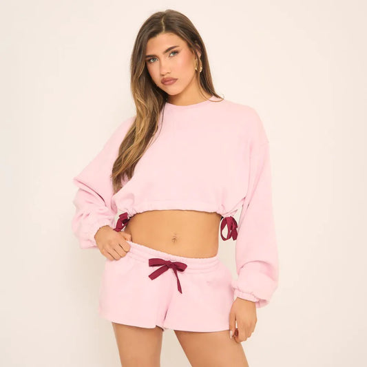 Long Sleeve Ruched Tied Hem Cropped Sweatshirt In Pink