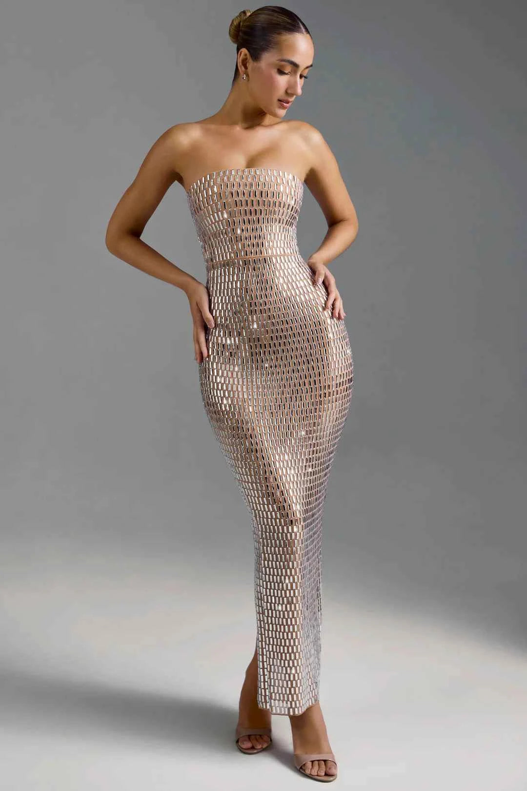 OhPolly - Embellished Bandeau Maxi Dress in Almond