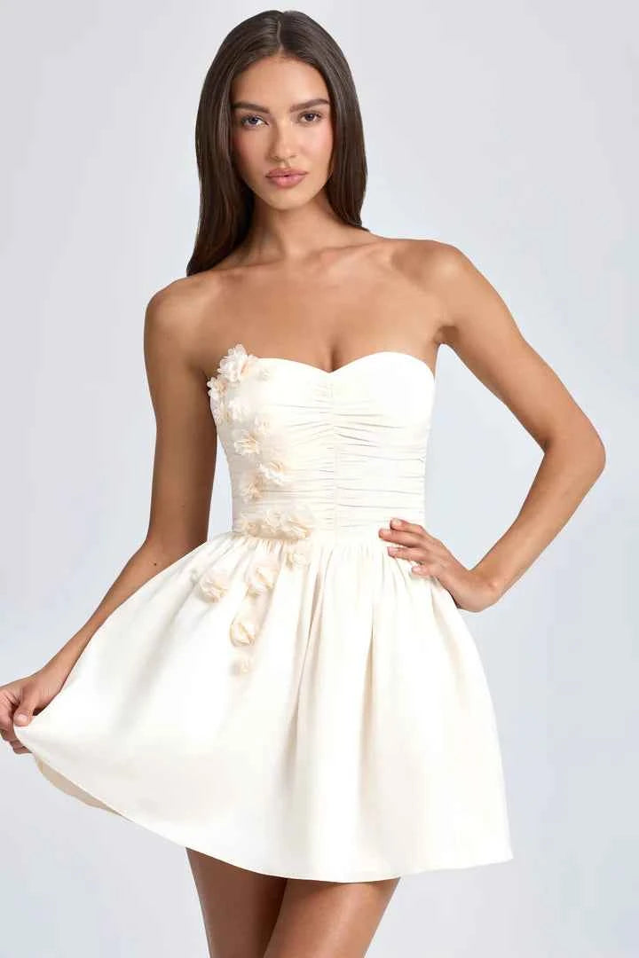 Ohpolly Bandeau Floral-Applique Corset Mini Dress in Ivory