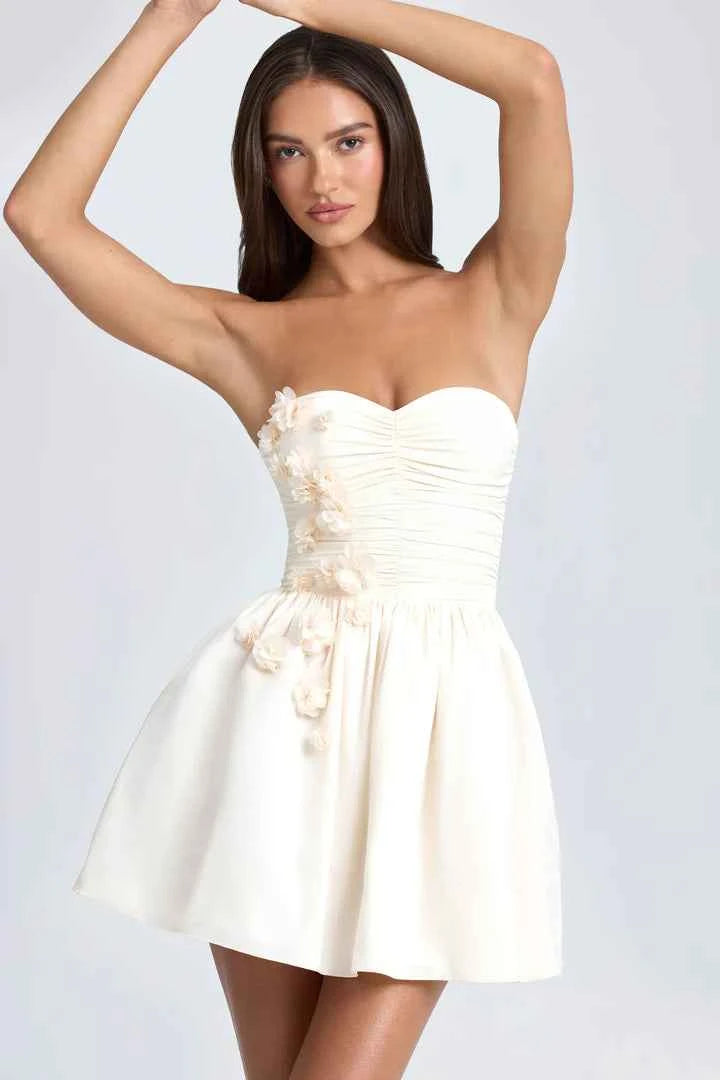Ohpolly Bandeau Floral-Applique Corset Mini Dress in Ivory