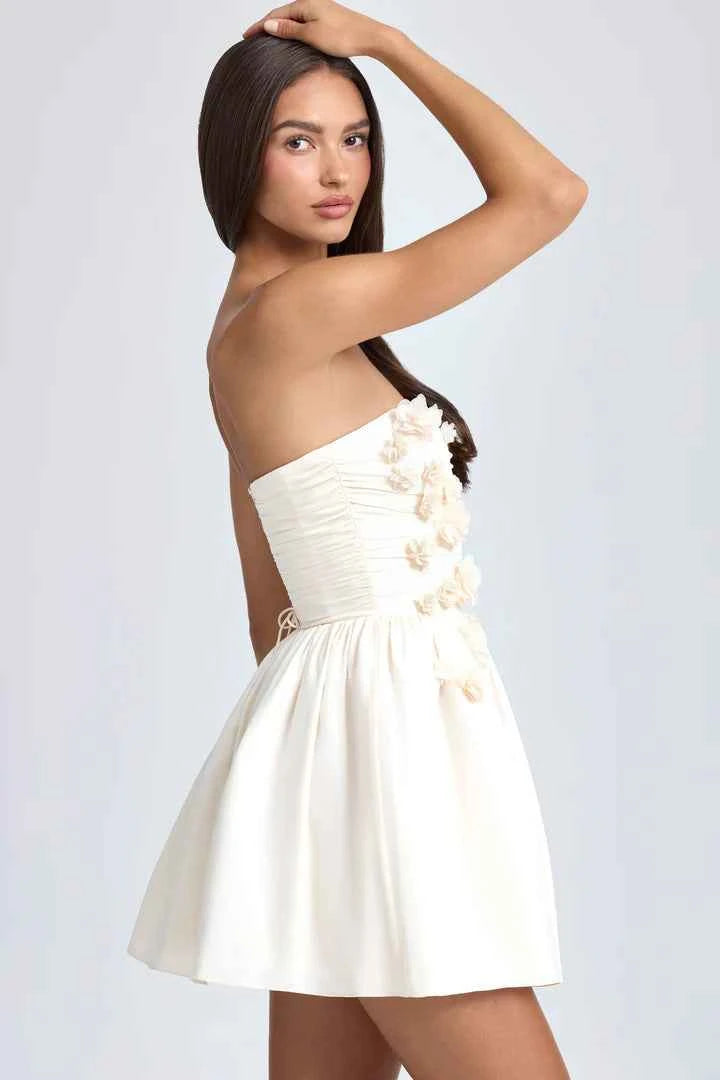 Ohpolly Bandeau Floral-Applique Corset Mini Dress in Ivory