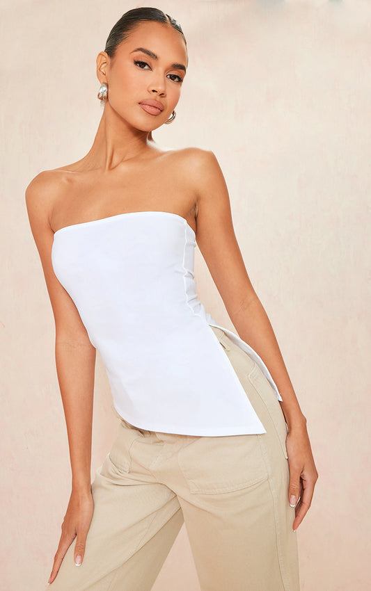 White Contour Slinky Bandeau Asymmetric Split Hem Longline Top