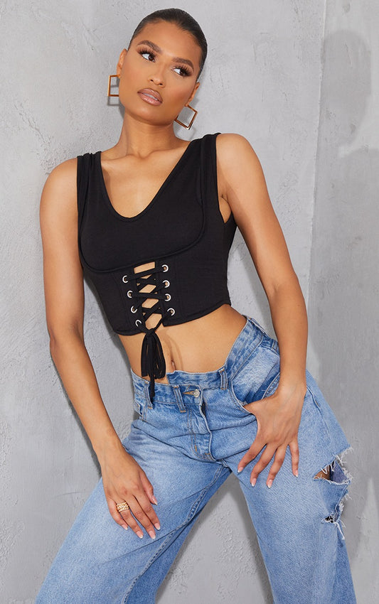 Black Cotton V Neck Double Strap Lace Up Corset Crop Top