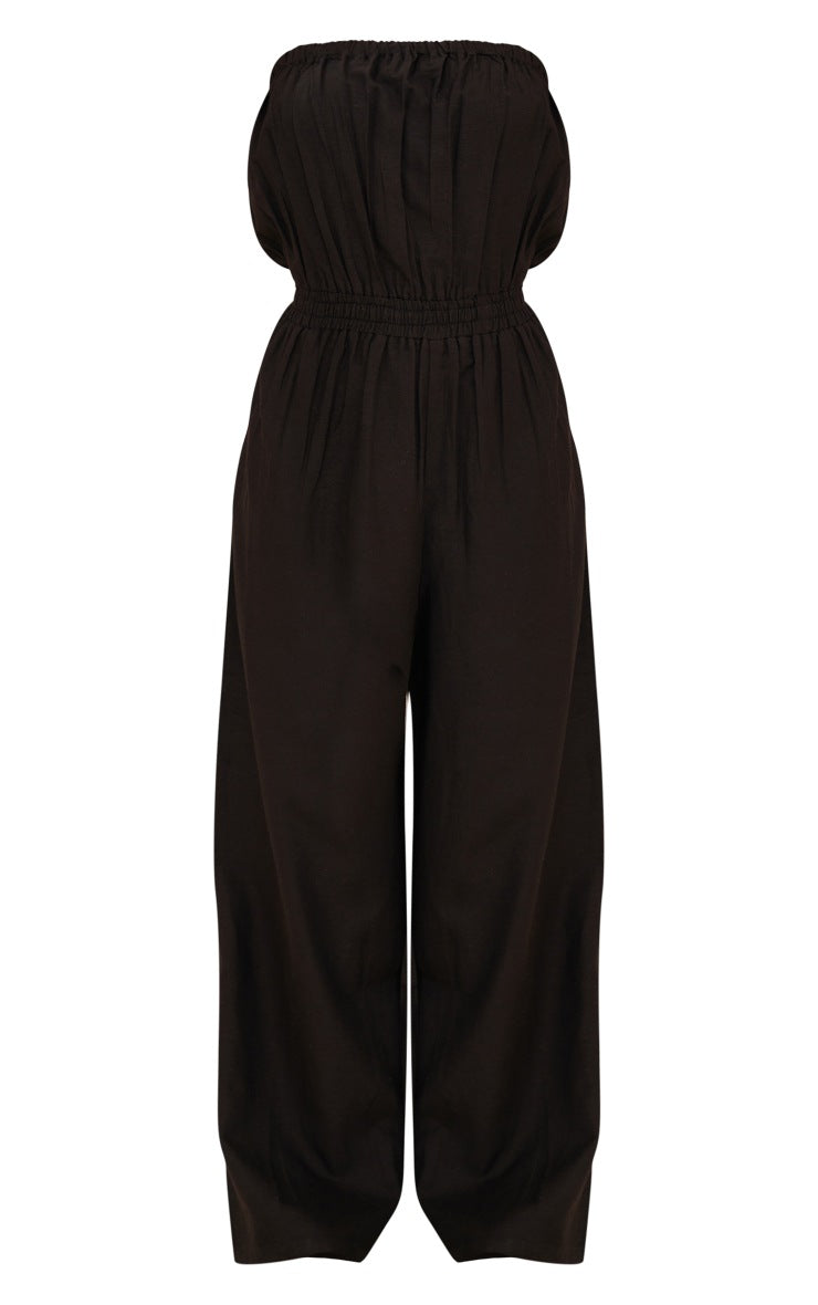 PETITE BLACK LINEN LOOK BANDEAU WIDE LEG JUMPSUIT