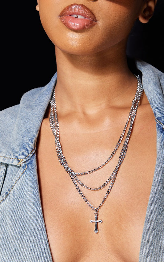 Silver Layered Cross Necklace