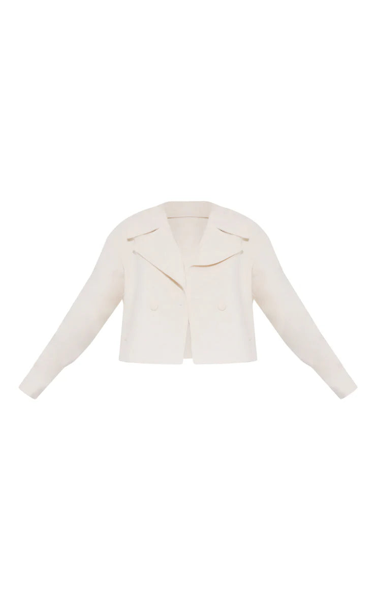 Cream Wool Look Double Breasted Cropped Jacket