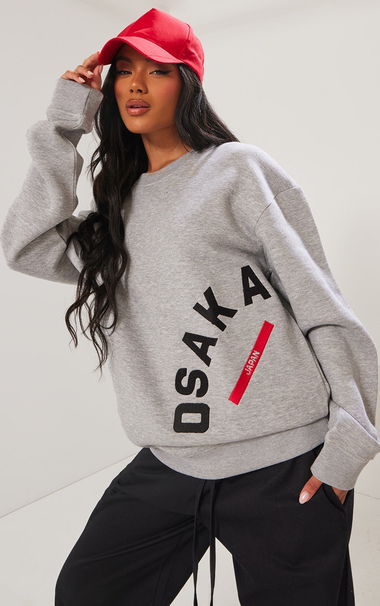 GREY MARL OSAKA JAPAN EMBROIDERED SWEATSHIRT