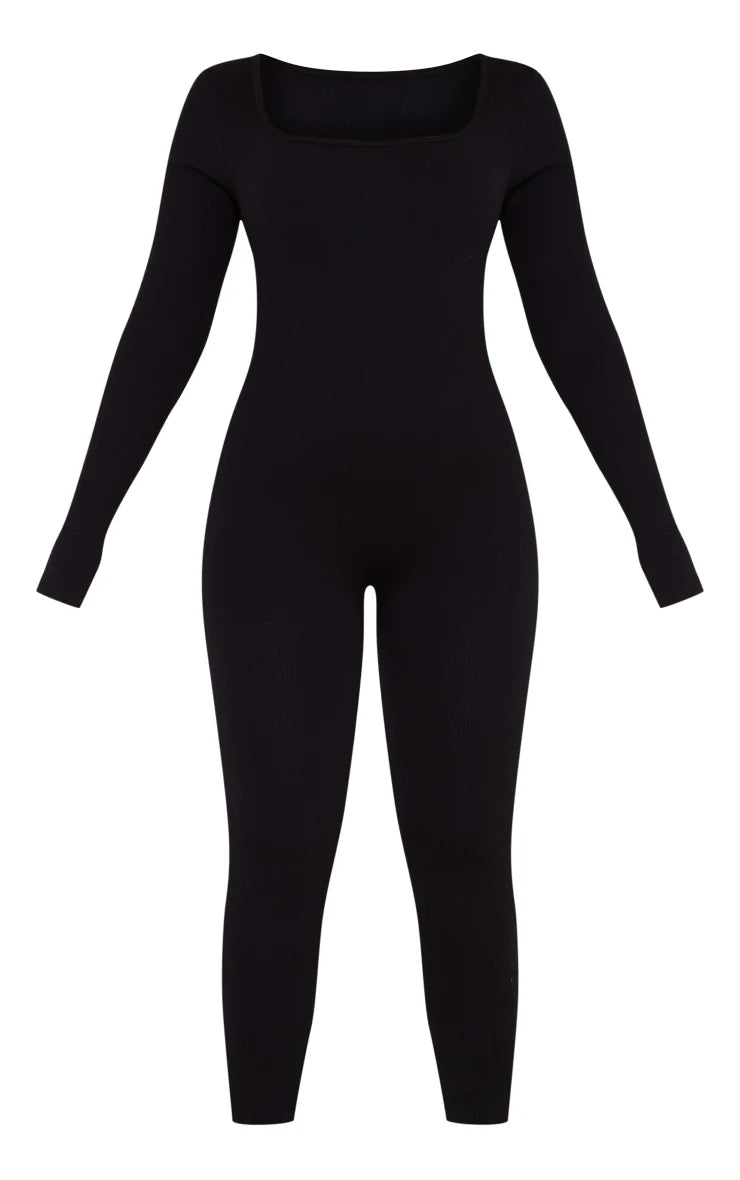 Black Contour Rib Square Neck Long Sleeve Jumpsuit