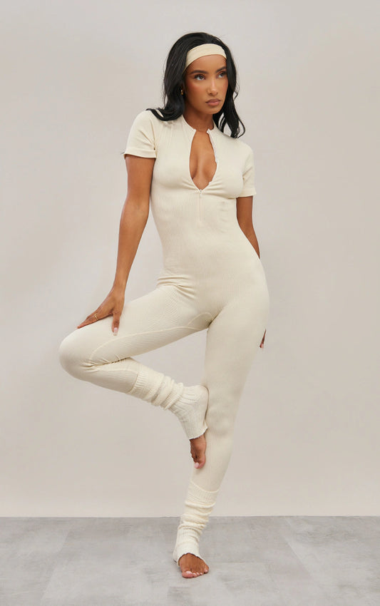 Cream Seamless Zip Up Seam Detail Strappy Back Unitard