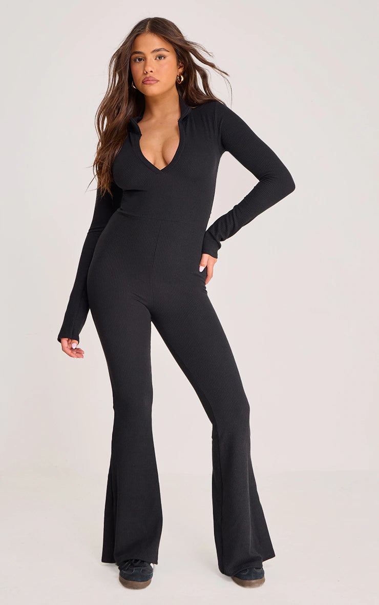 Black Rib Collar Detail Flare Leg Jumpsuit