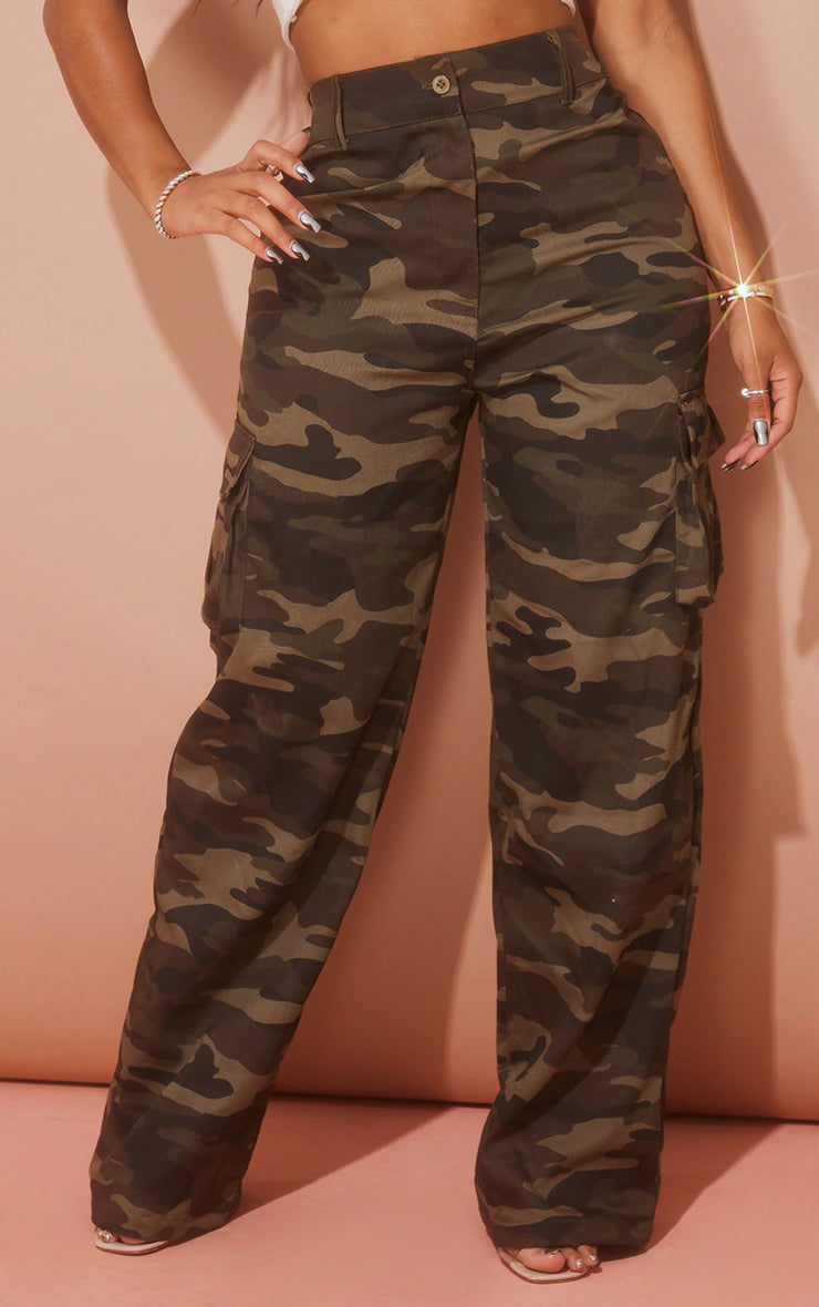 Shape Khaki Camo Print Pocket Detail Wide Leg Cargo Pants