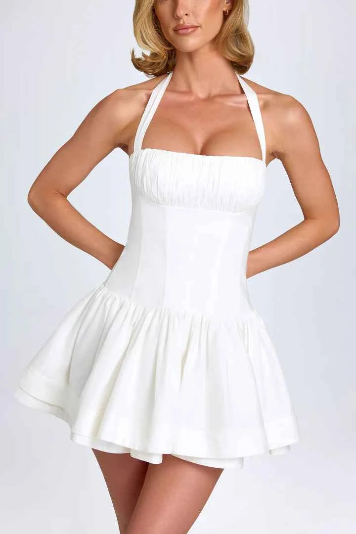 Ohpolly - Ruched Halterneck Mini Dress in White