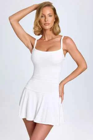 Evabeth Lace-Trim Ruched Mini Dress in White