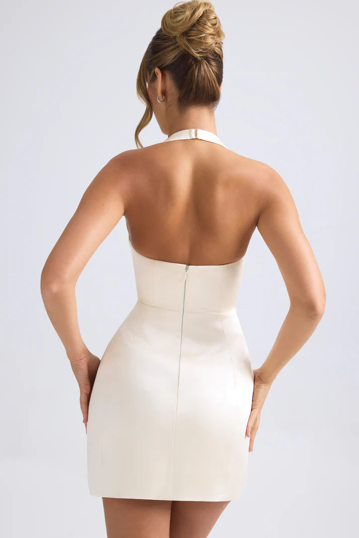 Ohpolly - Halterneck Structured Tulip Mini Dress in Ivory