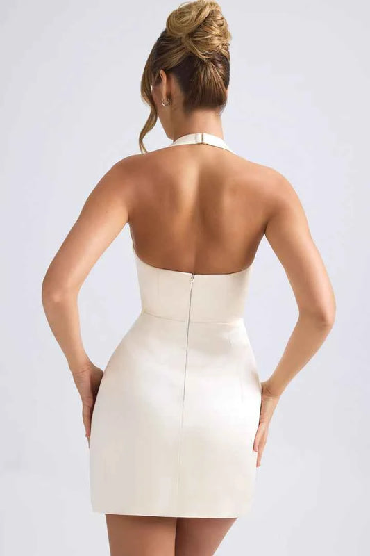 Ohpolly - Halterneck Structured Tulip Mini Dress in Ivory