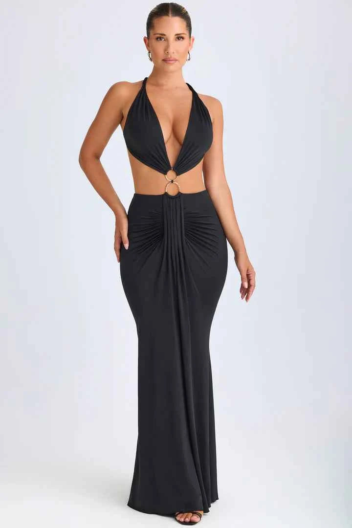 Ohpolly - Hardware Detail Cut-Out Halterneck Maxi Dress in Black