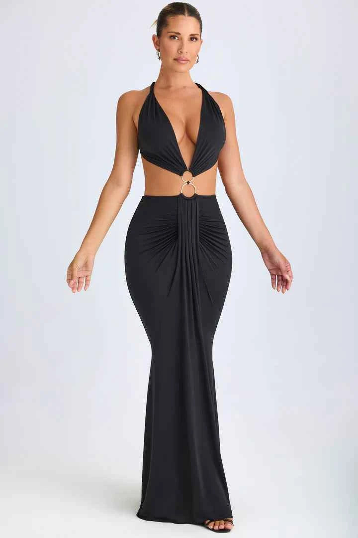 Ohpolly - Hardware Detail Cut-Out Halterneck Maxi Dress in Black
