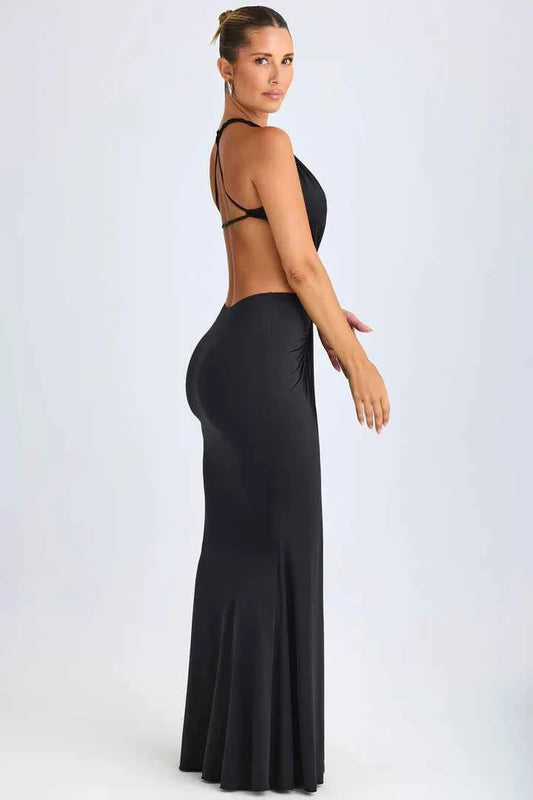 Ohpolly - Hardware Detail Cut-Out Halterneck Maxi Dress in Black