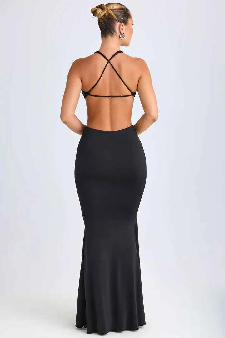 Ohpolly - Hardware Detail Cut-Out Halterneck Maxi Dress in Black