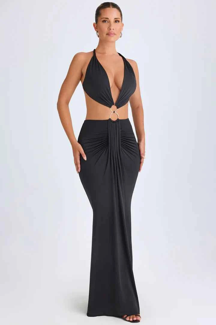 Ohpolly - Hardware Detail Cut-Out Halterneck Maxi Dress in Black