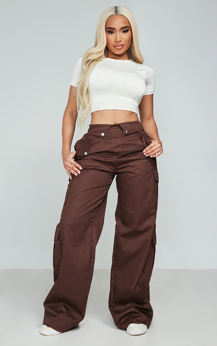 Shape Chocolate Brown Cargo Fold Waistband Pocket Detail Pants