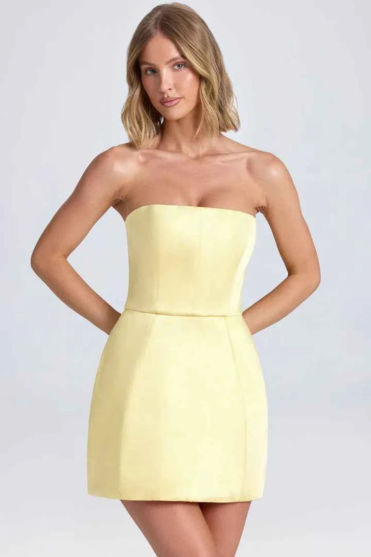 Ohpolly - Bandeau Structured Tulip Mini Dress in Lemon Sherbet