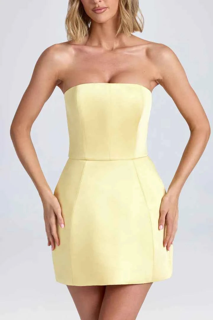 Ohpolly - Bandeau Structured Tulip Mini Dress in Lemon Sherbet