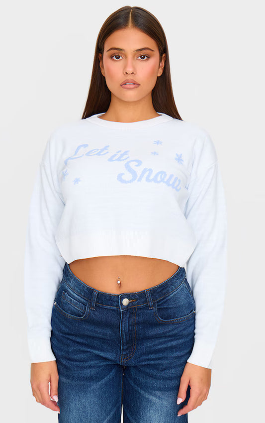 White Let It Snow Cropped Christmas Sweater