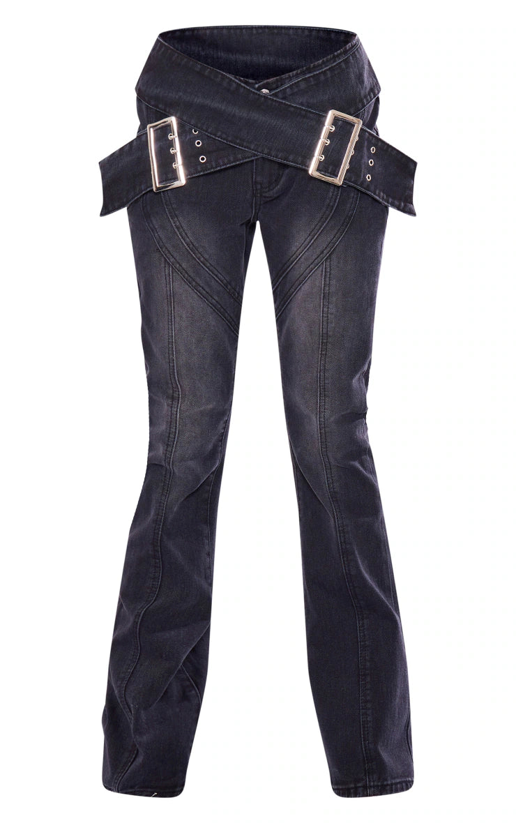 Washed Black Cross Over Belt Flare Jeans