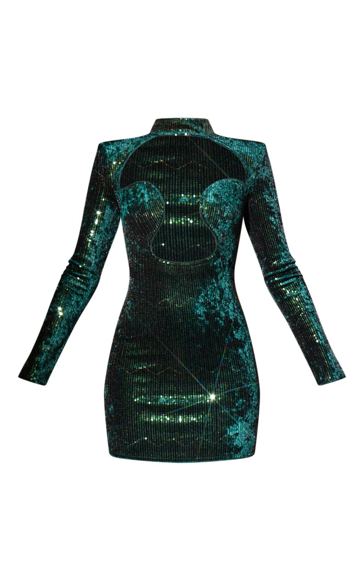 Emerald Green Sequin Underwire Detail Long Sleeve Bodycon Dress