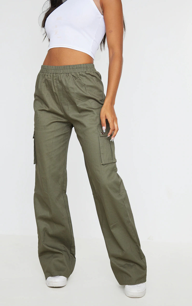 Khaki Wide Leg High Waisted Cargo Pants