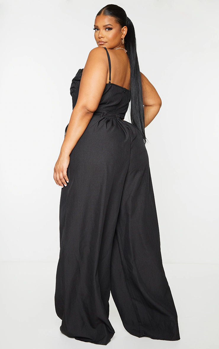 Plus Black Ruched Cup Strappy Wide Leg Jumpsuit